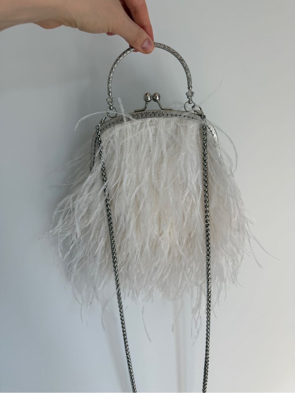 White Feathered Evening Bag with Silver Hardware